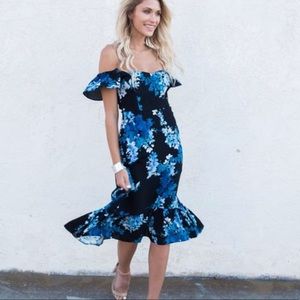 Off the shoulder dress with blue floral.